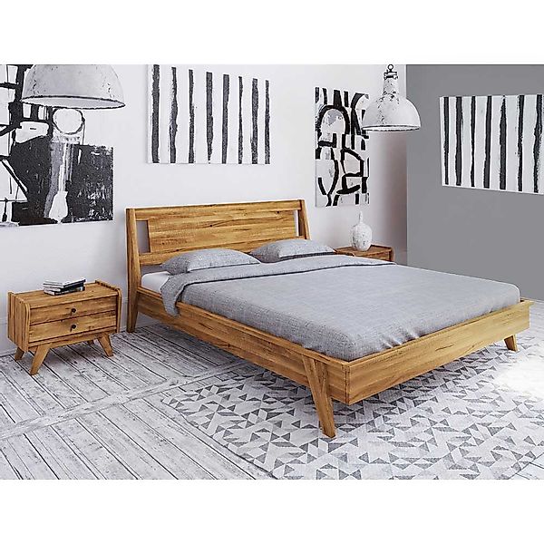 Doppelbett aus Wildeiche Massivholz zwei Nachtkommoden (dreiteilig) günstig online kaufen