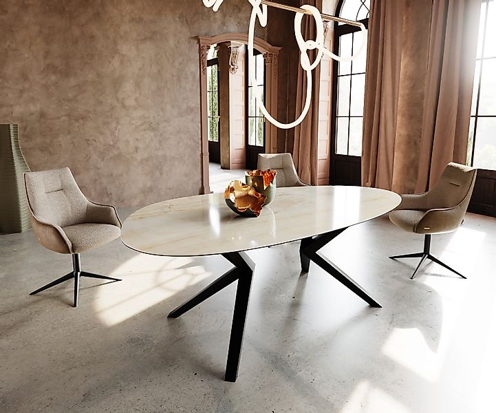 Esstisch Edge Oval 220x120 Keramik Iris FMG Onice Oro Zenthara kantig Metal günstig online kaufen