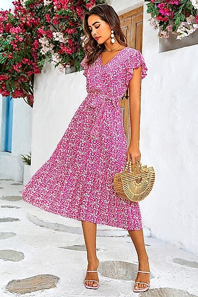 FS Collection Wickelkleid Damen Wickelkleid Midi V-Ausschnitt Sommer Blumen günstig online kaufen