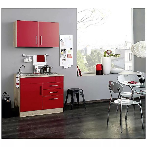 Mini-Küche TERAMO-03 Rot Hochglanz/Eiche-Sonoma B x H x T ca. 100 x 200 x 6 günstig online kaufen