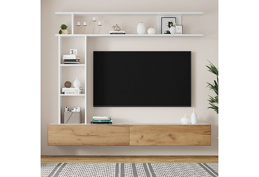 Merax Wohnwand in Weiß & Holz, (3-St), Wohnwand-Set mit TV-Board, Wandregal günstig online kaufen
