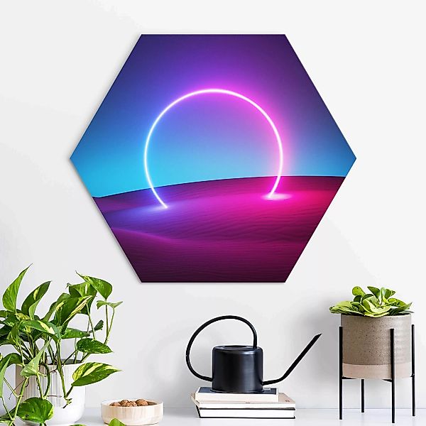 Hexagon-Alu-Dibond Bild Neonlichtkreis im Sand günstig online kaufen