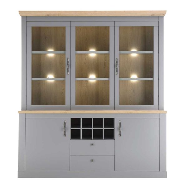 Landhausstil Buffet in Lichtgrau und Eichefarben Glastüren günstig online kaufen