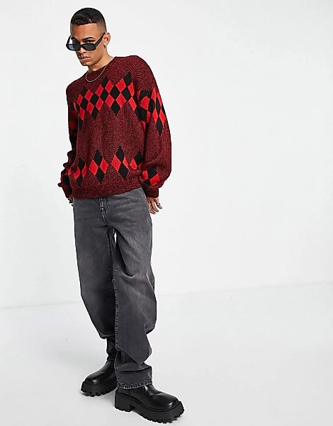 ASOS DESIGN – Oversized-Pullover in Grau mit Argyle-Muster in Rot günstig online kaufen