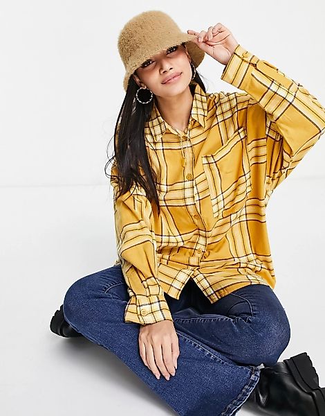 Monki – Kariertes Flanellhemd aus Bio-Baumwolle in Gelb günstig online kaufen
