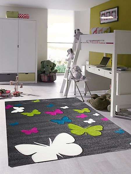 TeppichHome24 Kinderteppich Kinderteppich Schmetterlinge in Grau günstig online kaufen