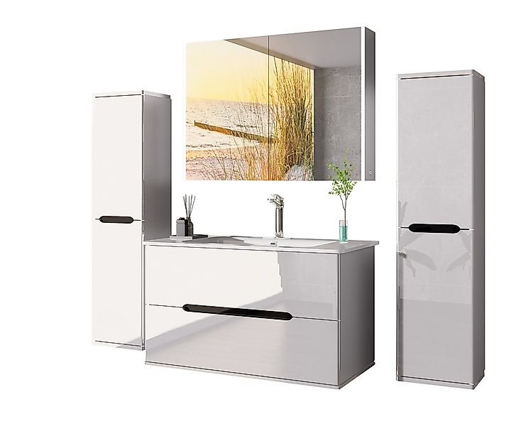 Homeline Badmöbel-Set Bad Möbelset Badezimmer Möbel Hochglanz 90 cm Eiche / günstig online kaufen