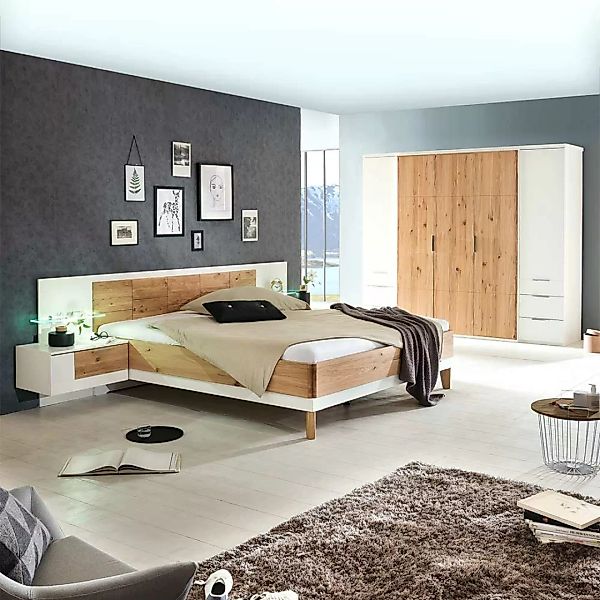 Schlafzimmer komplett in Asteiche Bianco und Weiß LED Beleuchtung (vierteil günstig online kaufen