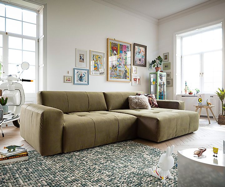 DELIFE Ecksofa Lazaro, Samt Olive 300x160cm Ottomane rechts mit Rückentiefe günstig online kaufen