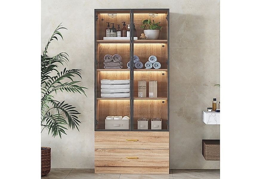 Flieks Vitrine mit LED-Beleuchtung, 2 Glastüren und 2 Schubladen (1-St) Sta günstig online kaufen