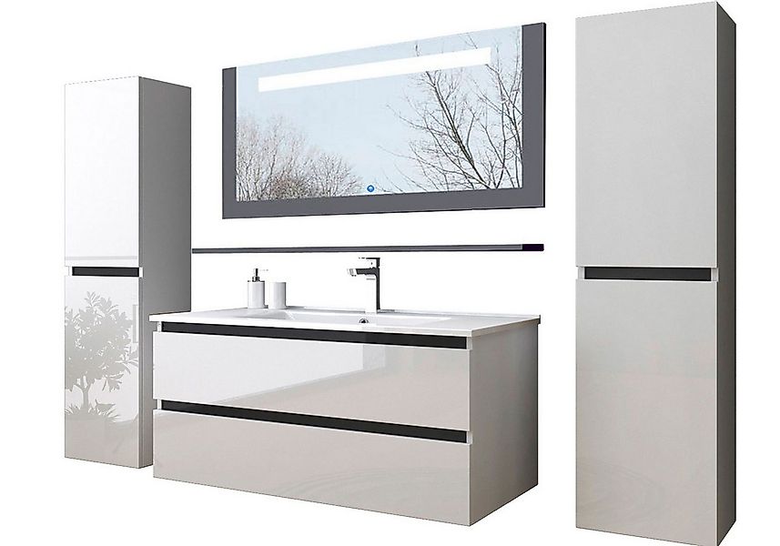 Homeline Badezimmer-Set Badmöbel Set 90 cm Weiß Kaiser Mit Danny Spiegel sc günstig online kaufen