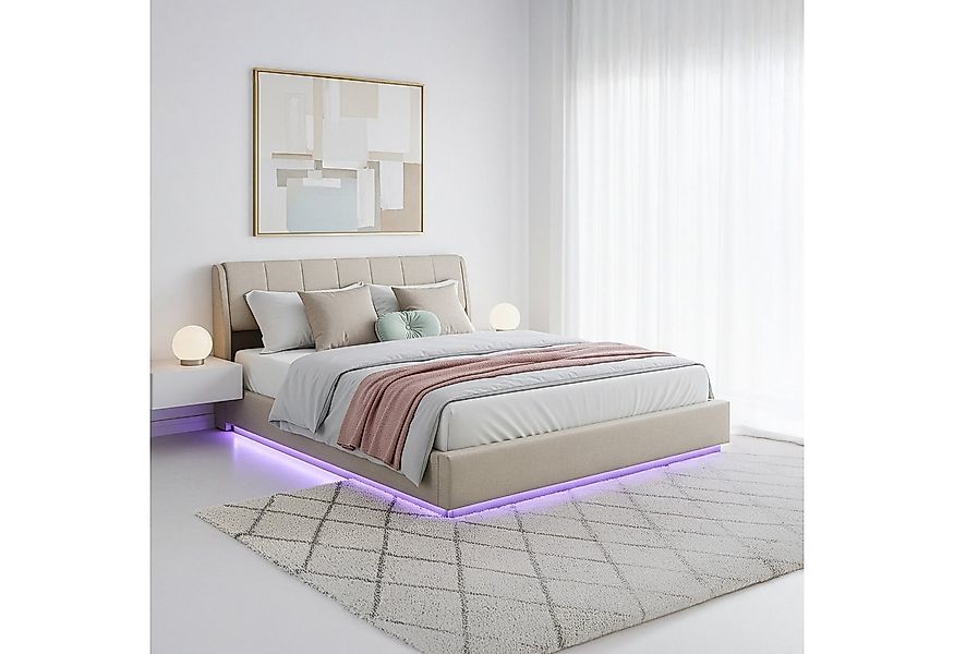 en.casa Polsterbett, »Tröstiar« mit LED-Beleuchtung Bettkasten Leinen 180 x günstig online kaufen