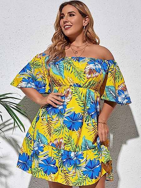 Plus Size Off The Shoulder Tropical Half Sleeves Kleid günstig online kaufen