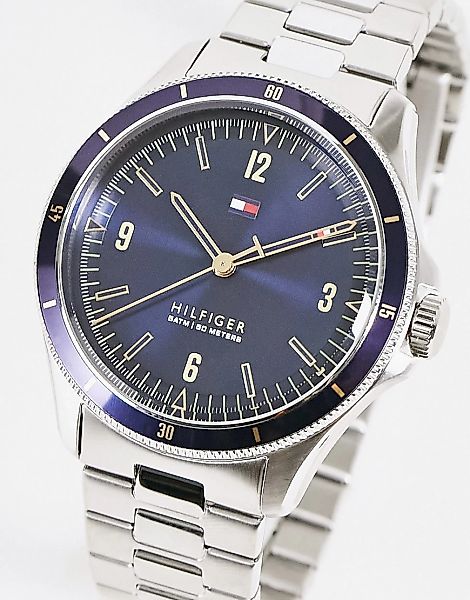 Tommy Hilfiger – Silberfarbene Herren-Armbanduhr mit blauem Ziffernblatt, 1 günstig online kaufen