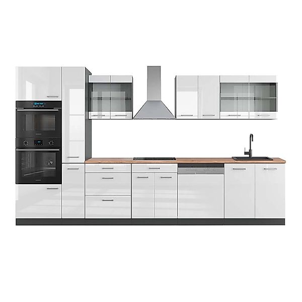 Vicco R-Line Küche Weiß Hochglanz/Anthrazit 350 cm mit HochschrankAP Eiche günstig online kaufen