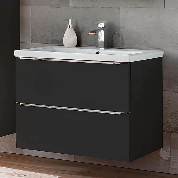 Badezimmermöbel Set mit 80cm Keramik-Waschtisch TOSKANA-BLACK-56 seidenmatt günstig online kaufen
