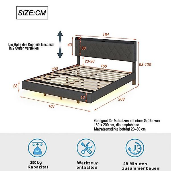 STILVORA Polsterbett 160×200 Doppelbett mit USB und LED Licht,Bettgestell o günstig online kaufen