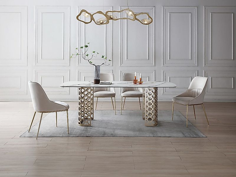 Esstisch - 8 Personen - Sicherheitsglas & Keramik - Marmor-Optik Weiß & Gol günstig online kaufen