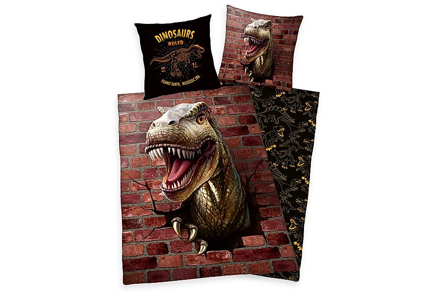 Familando Kinderbettwäsche mit Dino Muster und 3D T-Rex in 135x200 + 80x80 günstig online kaufen