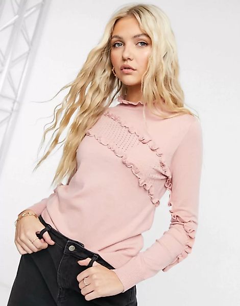QED London – Hochgeschlossener Pullover mit Rüschentails in Rosa günstig online kaufen