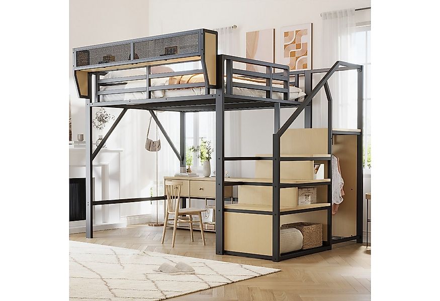 Odikalo Hochbett Jugendbett Metallbett Sicherheitsleiter Staufach 140x200 W günstig online kaufen