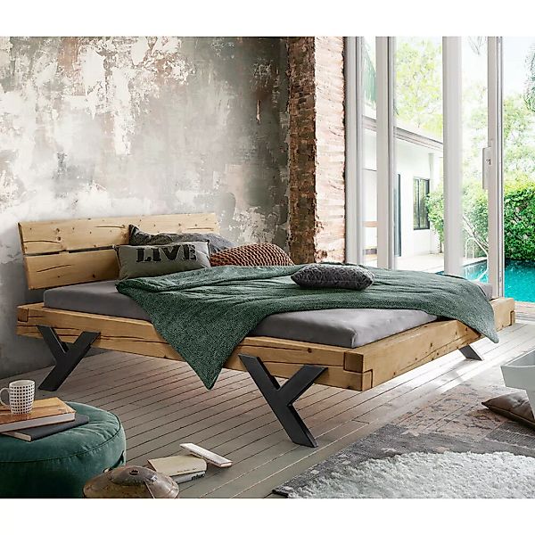 Massivholz Doppelbett, 140x200 cm, Fichte massiv, Holzkopfteil, schwarze Be günstig online kaufen