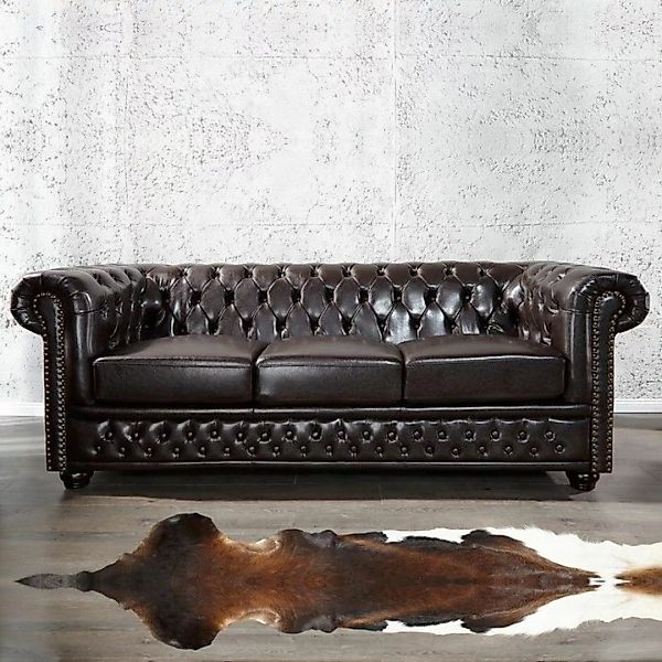 3er Sofa WINCHESTER Dunkelbraun im klassisch englischen Chesterfield-Stil günstig online kaufen