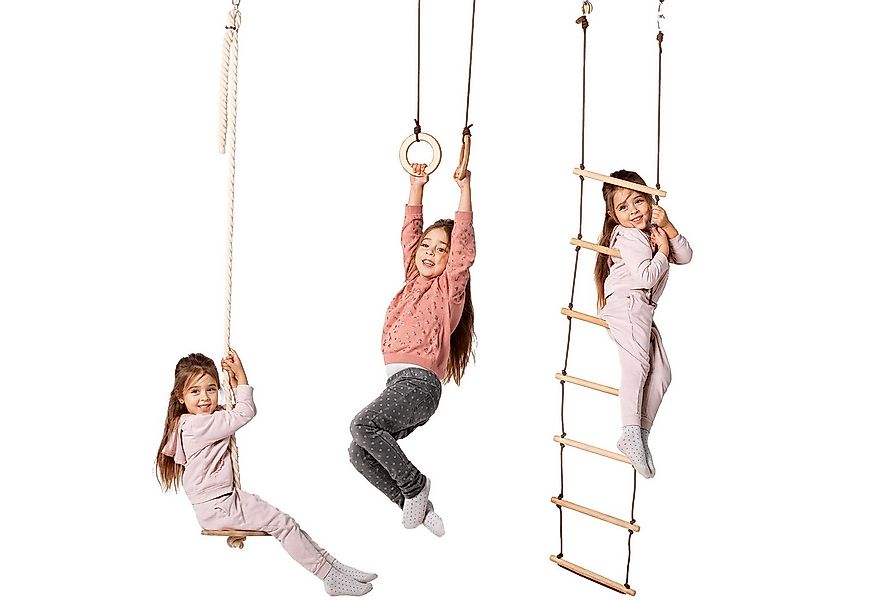 Goodevas Klettergerüst Set aus drei Schaukeln: Scheibe + Ringe + Strickleit günstig online kaufen