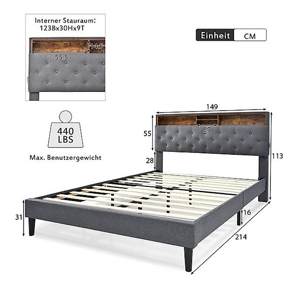 Flieks Polsterbett, LED-Beleuchtung Doppelbett mit Stauraum 140x200cm Leine günstig online kaufen