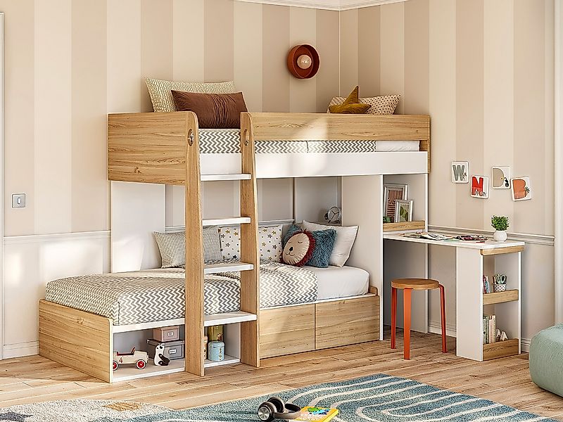 Etagenbett mit Schreibtisch & Stauraum - 2 x 90 x 190 cm - Holzfarben & Wei günstig online kaufen