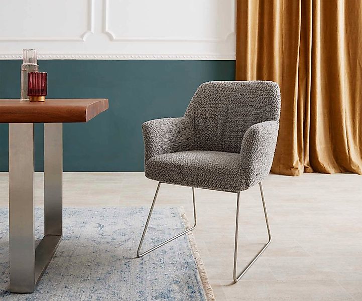 DELIFE Polsterstuhl Xana-Flex, mit Armlehnen Kufengestell Edelstahl Bouclé günstig online kaufen