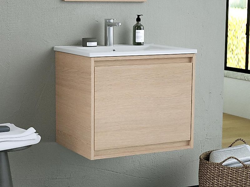 Waschbeckenunterschrank hängend mit Einbauwaschbecken - 60 cm - Eichenholzf günstig online kaufen