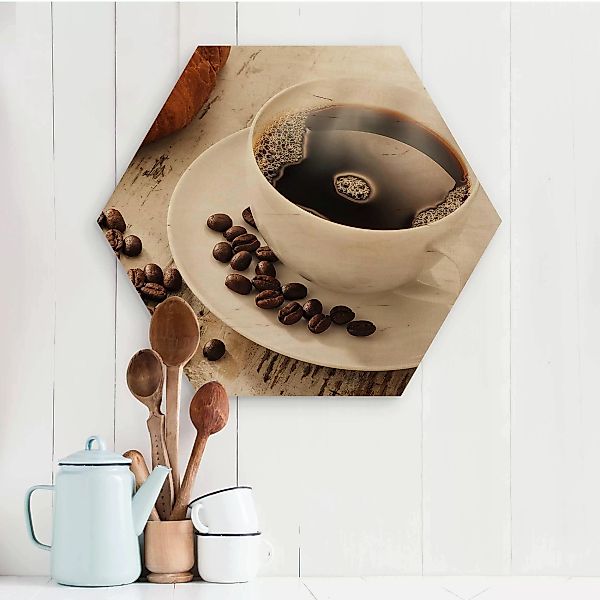 Hexagon-Holzbild Küche Dampfende Kaffeetasse mit Kaffeebohnen günstig online kaufen