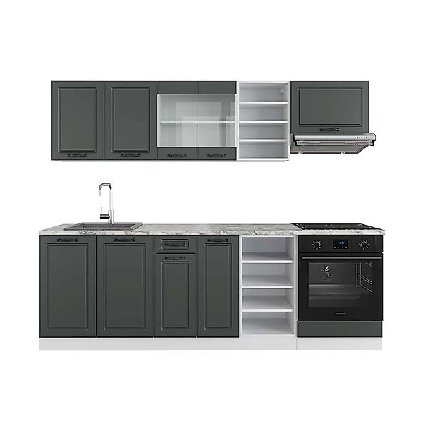 Vicco R-Line Küchenzeile Anthrazit Landhaus/Weiß 240 cm AP Marmor günstig online kaufen