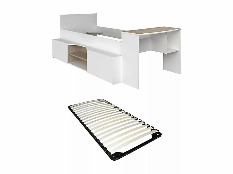 Kombibett 90 x 190/200 cm mit Schreibtisch & Stauraum + Lattenrost - Weiß & günstig online kaufen