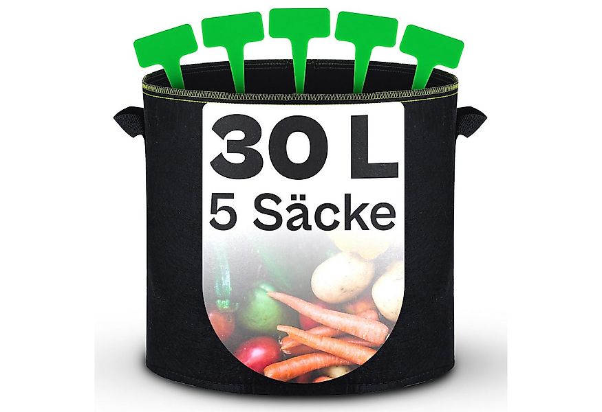 Praknu Pflanzkübel Pflanzsack 5x 30L Schwarz aus Vliesstoff mit Pflanzensch günstig online kaufen