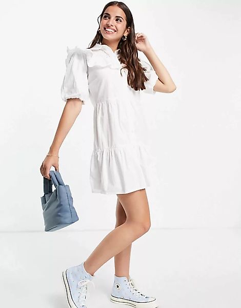 Influence – Gerüschtes Hemdkleid in Weiß mit Lochstickerei günstig online kaufen