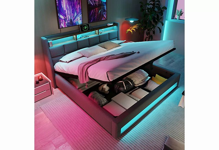 MODFU Polsterbett Doppelbett (LED Doppelbett Jugendbett mit USB Ladeanschlu günstig online kaufen
