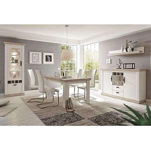 Esszimmer-Set im Landhaus Stil FERNA-61 Dekor Pinie weiß und Oslo dunkel Nb günstig online kaufen