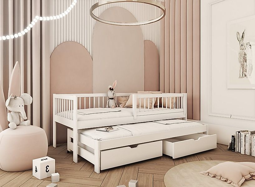thematys Kinderbett mit zwei Schubladen und Ausziehbett in weiß, natur für günstig online kaufen