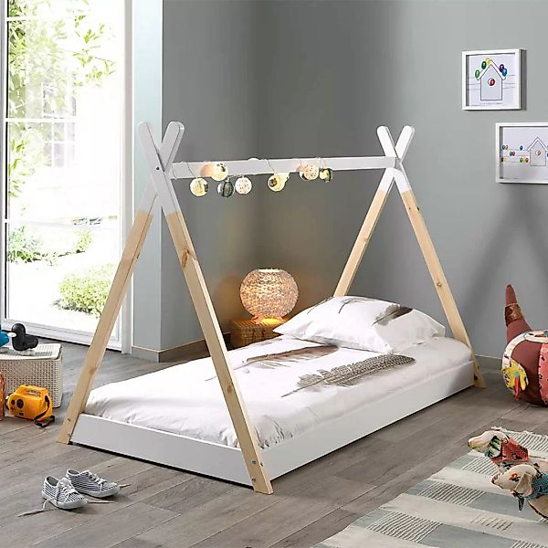 Kinderzimmer Bett im Tipi Zelt Design Weiß Kiefer massiv günstig online kaufen