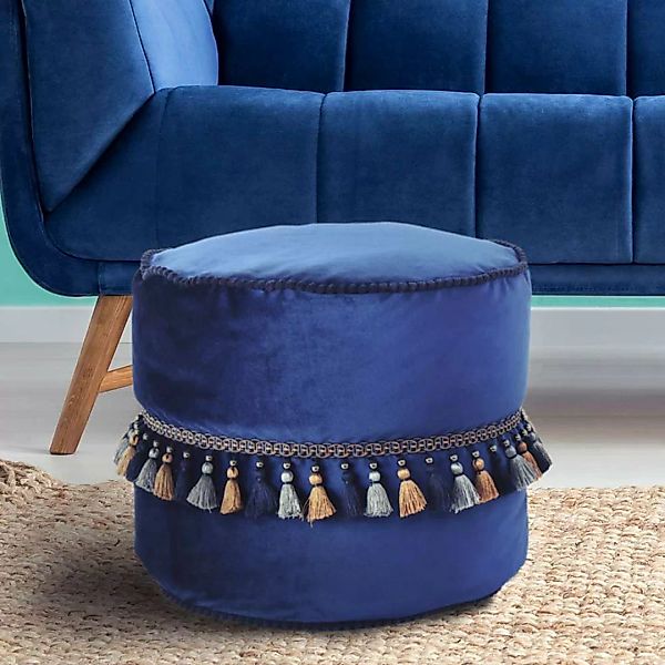 Sitzpouf in Blau Samt Quasten im Boho Style günstig online kaufen