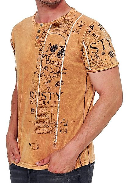R-NEAL T-Shirt Henley T-Shirt mit Knopfleiste und Skull Print Herren Rocker günstig online kaufen