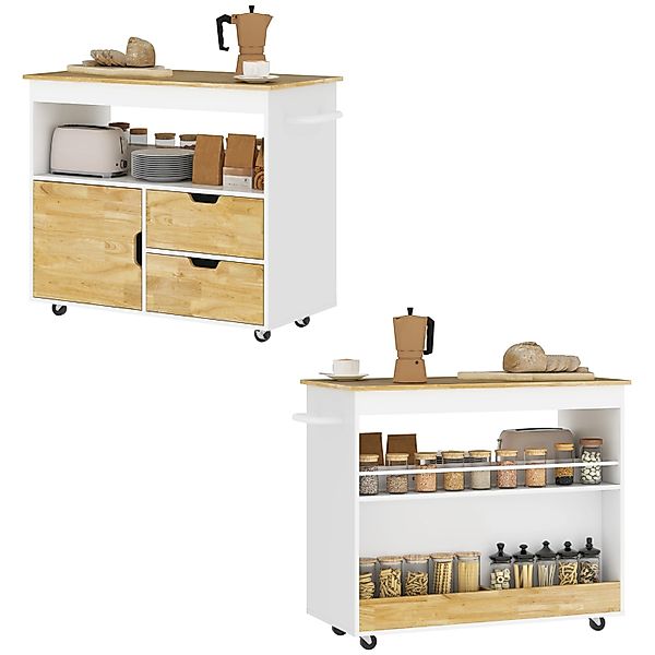 HOMCOM Küchenwagen Spanplatte Gummiholz Eiche 107L x 50B x 85H cm günstig online kaufen