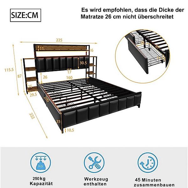 Flieks Metallbett, LED Polsterbett Doppelbett 160x200cm mit Stauraumregale, günstig online kaufen