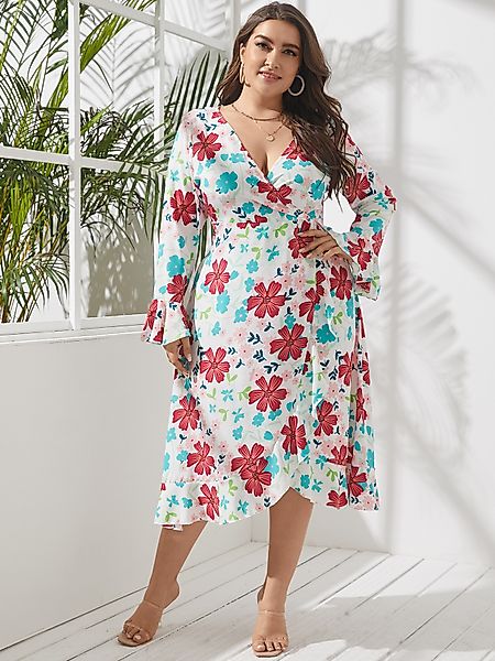 Plus Size V-Ausschnitt Blumendruck Wickeldesign Lange Ärmel Kleid günstig online kaufen
