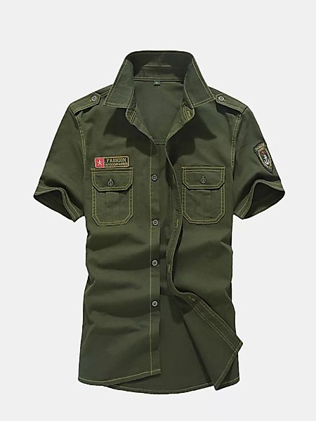 Mode Militär Design Brusttasche Einfarbige Baumwolle Kurzarmhemden für Männ günstig online kaufen