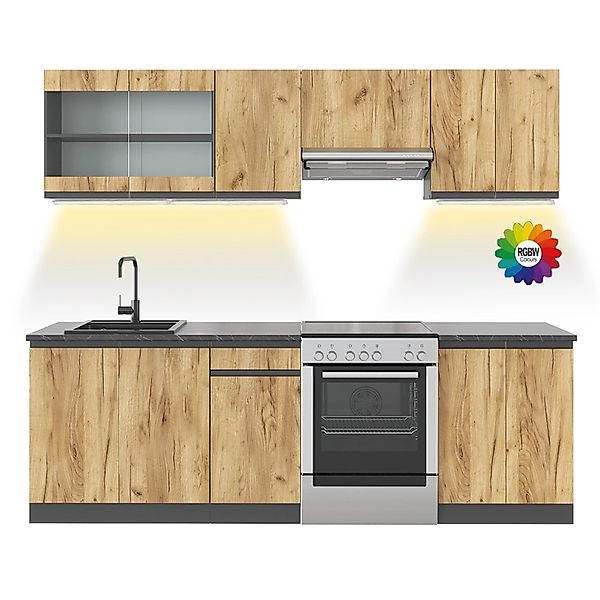 Vicco Raul Küchenzeile Goldkraft Eiche 240 cm J-Shapeohne Arbeitsplatte mit günstig online kaufen