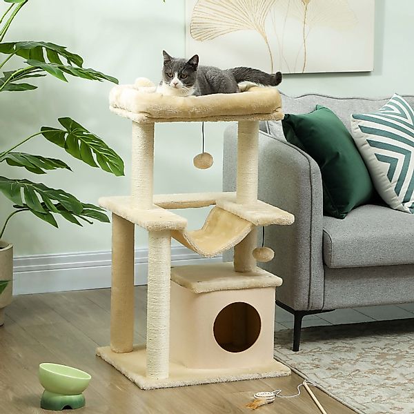 PawHut Katzenbaum 90 cm Kratzbaum mit Hängematte Spielbaum Katzenhöhle Plat günstig online kaufen