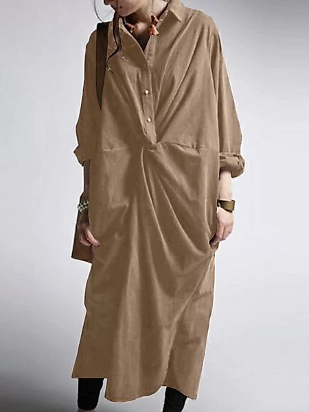 Lässige einfarbige Taschen Langarm plissiert Kleid günstig online kaufen